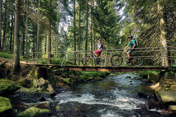 Naturerlebnis mit dem Fahrrad: kurze Pause auf einer Brücke im Wald über einem Flusslauf bei Bodenmais